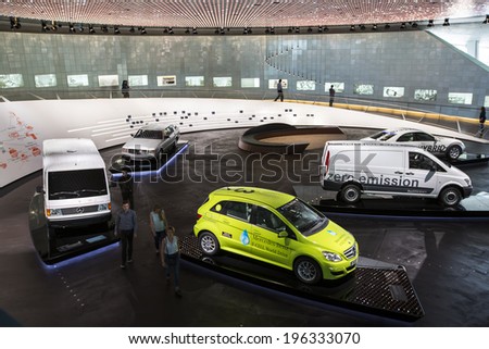 Stuttgart, Germany - May 25: Mercedes automobile inside the Mercedes-Benz Museum in Stuttgart, Germany, on May 25, 2014. The museum covers the history of the Mercedes-Benz and the brands associated.
