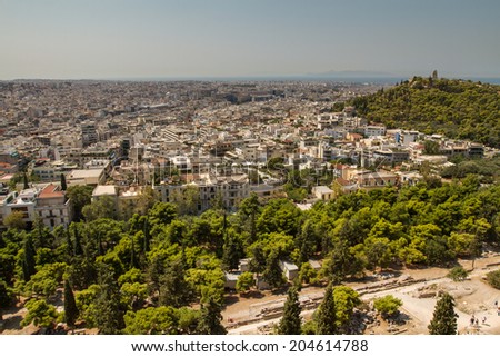 Athens, Greece - July 10: View of the Athens Acropolis in Athens, Greece on July 10, 2014.
