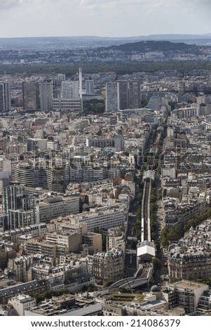 Paris, France - August 18: Aerial view over Paris, France from the Montparnasse Tower, on August 18, 2014.