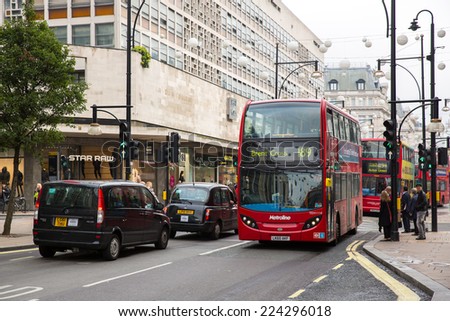 London, England - October 15: View of London double decker buses near Oxford Street in London, England on October 15, 2014.