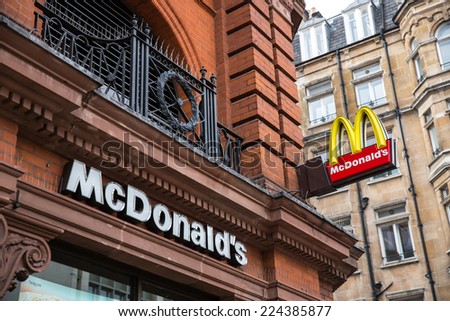 London, England - October 15: Close-up of a McDonald\'s fast food restaurant in London, England on October 15, 2014.