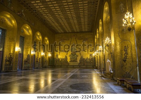 Stockholm, Sweden - November 1: Interior view of the Stockholm City Hall in Stockholm, Sweden on November 1, 2014. The Blue Hall is the venue of the Nobel Prize banquet.