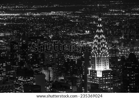 New York City, USA - November 4: Aerial view of Manhattan at night in New York City, USA on November 4, 2014.