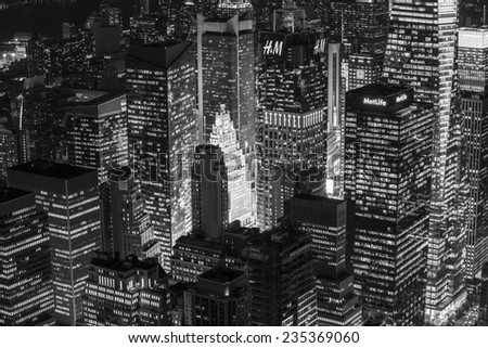 New York City, USA - November 4: Aerial view of Manhattan at night in New York City, USA on November 4, 2014.