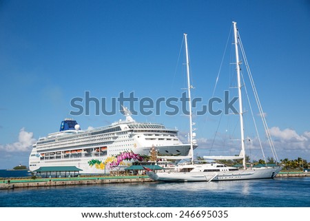 Nassau, Bahamas - November 11: View of Norwegian Sky cruise ship docked into Nassau, Bahamas on November 11, 2014.