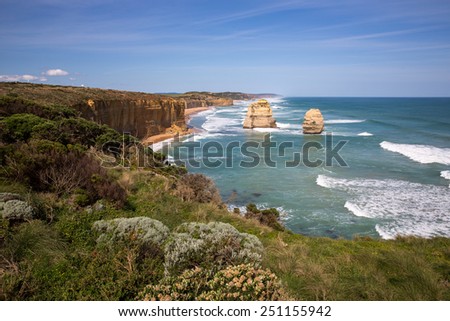 The Twelve Apostles, a collection of limestone stacks by the Great Ocean Road in Victoria, Australia.