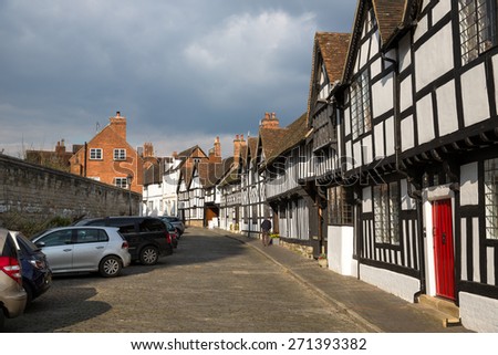 Warwick, England - March 25: View of old houses near Warwick Castle in Warwick, England on March 25, 2015.