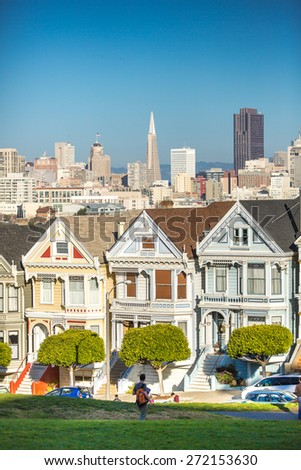 San Francisco, USA - January 3: View of the Painted Ladies in San Francisco on January 3rd, 2014. Painted Ladies is the row of Victorian houses across Alamo Square Park.