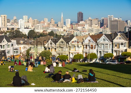 San Francisco, USA - January 3: View of the Painted Ladies in San Francisco on January 3rd, 2014. Painted Ladies is the row of Victorian houses across Alamo Square Park.