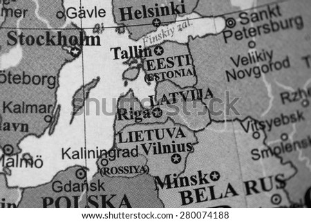 Map view of the Baltic States on a geographical globe. (black and white)