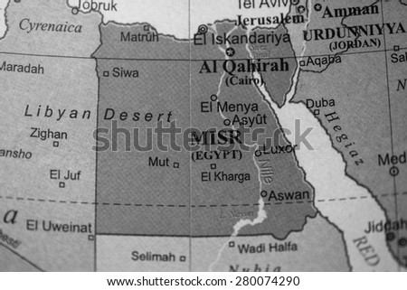 Map view of Egypt on a geographical globe. (black and white)