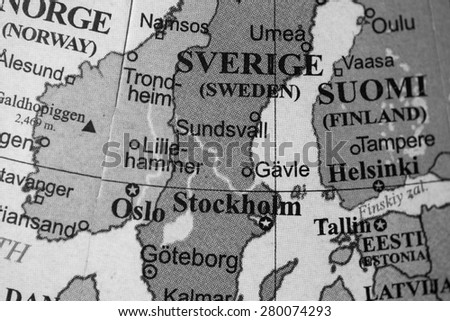 Map view of Scandinavia on a geographical globe. (black and white)