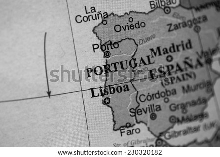 Map view of Portugal on a geographical globe. (black and white)