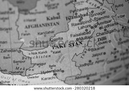 Map view of Pakistan on a geographical globe. (black and white)