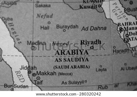 Map view of Saudi Arabia on a geographical globe. (black and white)