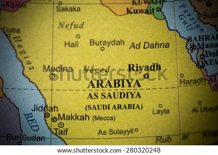 Map view of Saudi Arabia on a geographical globe. (vignette)