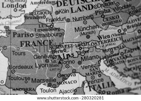 Map view of Switzerland on a geographical globe. (black and white)
