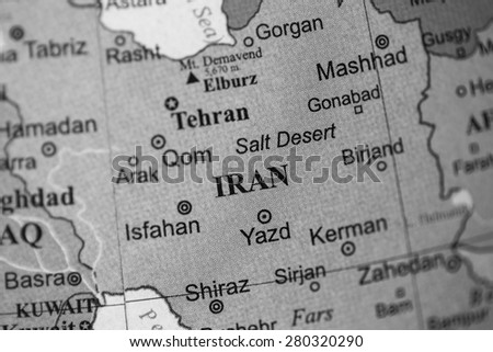 Map view of Iran on a geographical globe. (black and white)