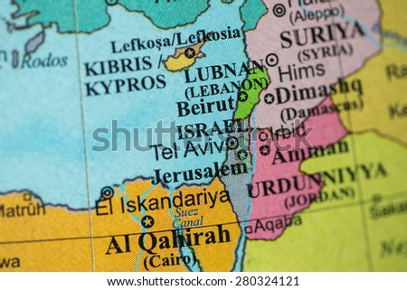 Map view of Israel on a geographical globe.