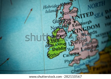 Map view of Ireland on a geographical globe. (vignette)