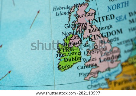 Map view of Ireland on a geographical globe.