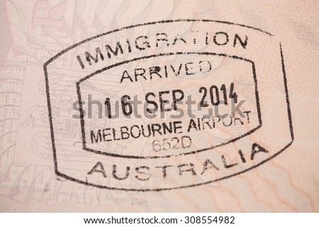 View of an Australian entry stamp visa on an european passport.