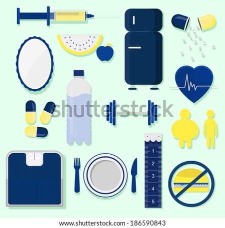 Icons representing equipment, food and habits related to health. No transparencies. Health icons.