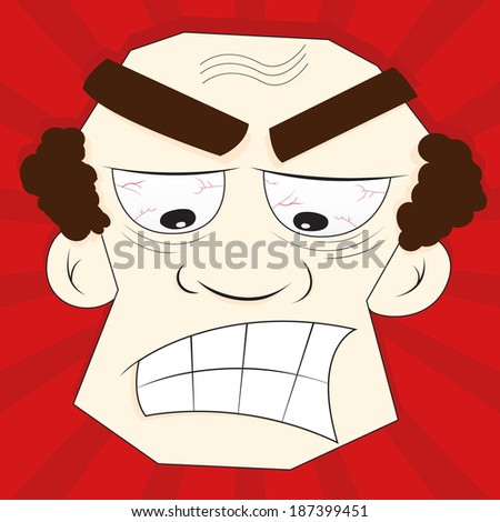 Angry man. Head of a angry man with red eyes on a red background.