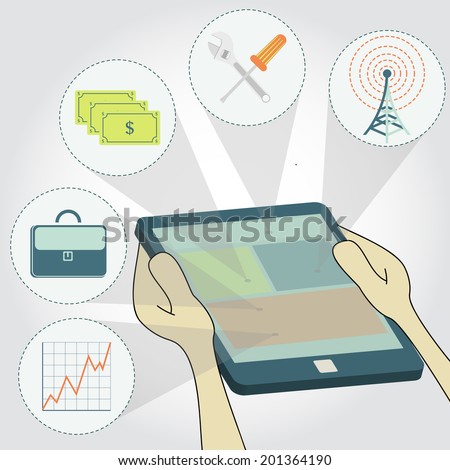 Symbols of business: money, graph. tools, communication tower, suitcase executive. Surfing the tablet. Doing businesses through the mobile
