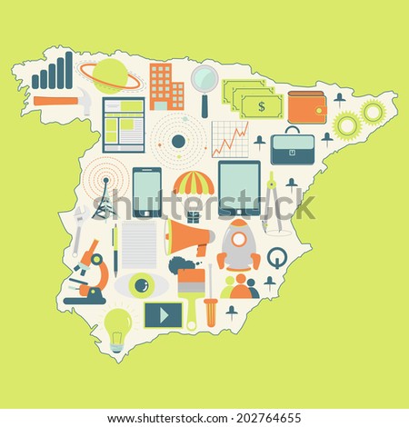 Contour map of Spain with icons of technology, business, science, communication. Map of Spain with technology icons