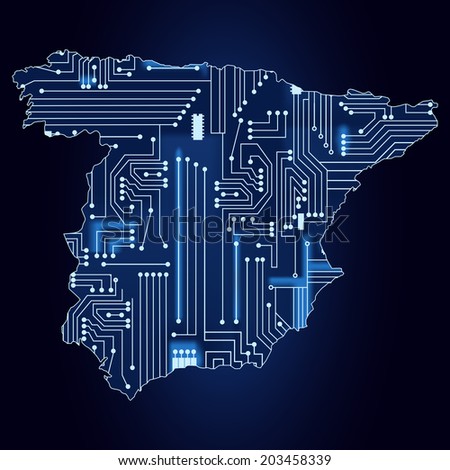 Contour map of Spain with a technological electronics circuit. Map of Spain with electronic circuit.