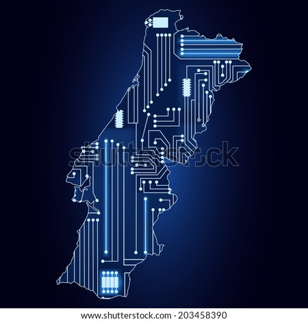 Contour map of Portugal with a technological electronics circuit. Map of Portugal with electronic circuit