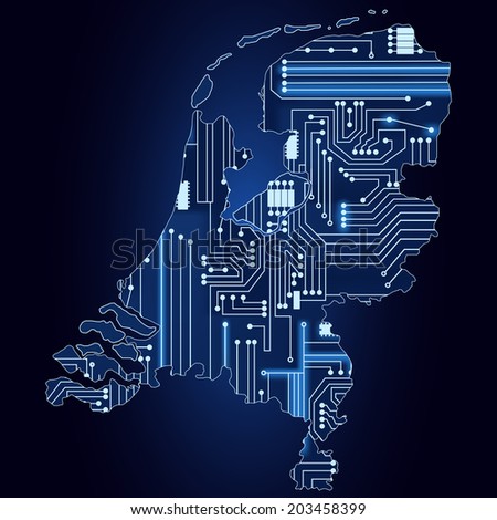 Contour map of Netherlands with a technological electronics circuit. Map of Netherlands with electronic circuit