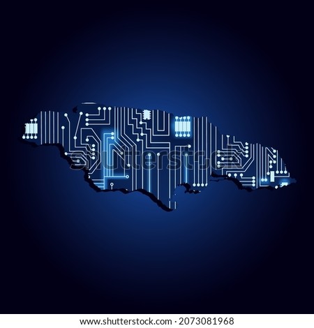 Contour map of Jamaica with a technological electronics circuit.