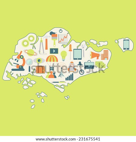 Map of Singapore with technology icons. Contour map of Singapore with icons of technology, business, science, communication