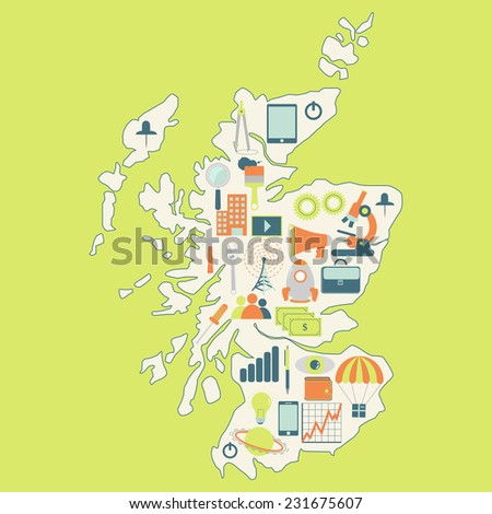 Map of Scotland with technology icons. Contour map of Scotland with icons of technology, business, science, communication