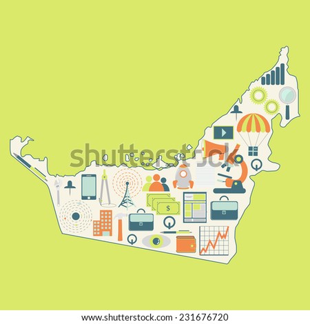 Map of Arab Emirates with technology icons. Contour map of Arab Emirates with icons of technology, business, science, communication