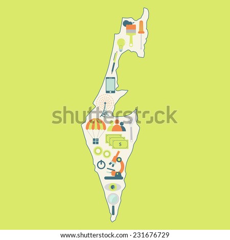 Map of Israel with technology icons. Contour map of Israel with icons of technology, business, science, communication
