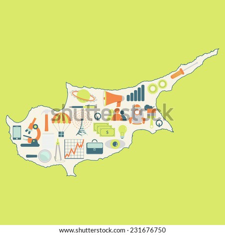 Map of Cyprus with technology icons. Contour map of Cyprus with icons of technology, business, science, communication