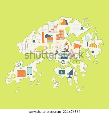 Map of Hong Kong with technology icons. Contour map of Hong Kong with icons of technology, business, science, communication
