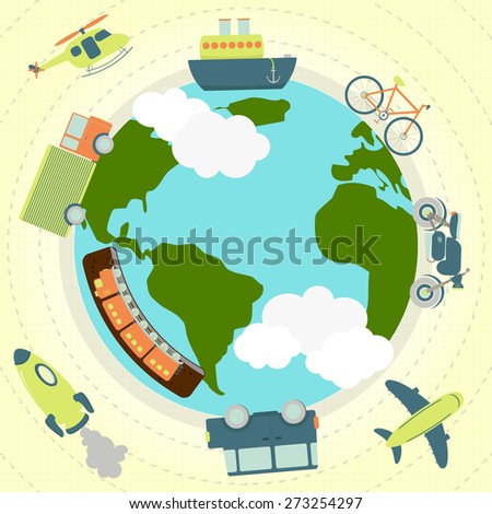Transport around the world. Transportation (plane, ship, car, truck, motorcycle, bicycle, subway, rocket) around the planet Earth.