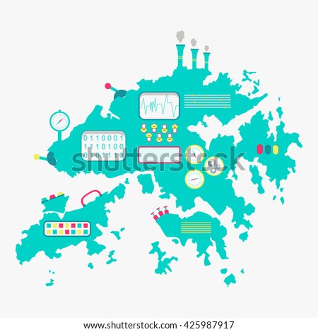 Vector of Hong Kong map shaped machine with buttons, monitors and handles. Isolated. White background.