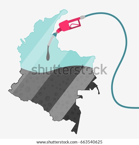 Map of Colombia being fueled by oil. Gas pump fueled map. On the map there is glass reflection. Conceptual. Oil producing or importing countries.