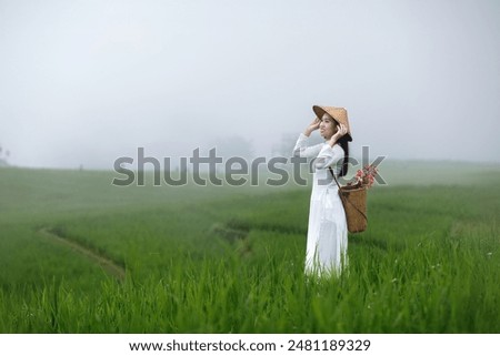 Foto Bild Ein vietnamesischer Reisbauer auf einem grünen Reisfeld bei der Arbeit