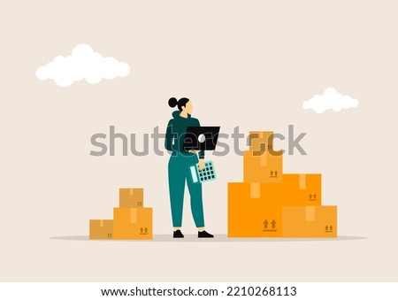 Startup small business. A woman using laptop computer check online order and prepare to packing for customer. Successful SME business online, vector illustration concept.