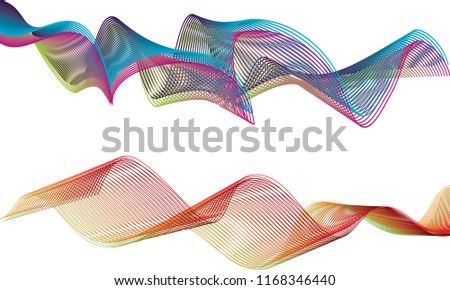 A set of two blended double-layered ribbon waves with the top wave lines of red violet, green and teal blue and the bottom wave in an gentle wave of red-orange gradient palette and apple green hues.