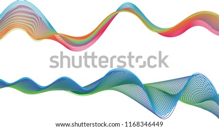 A pair of thin double-layered ribbon waves with the top ribbon in a gentle flow of summer colors and the bottom ribbon in rolling lines of blue and green.