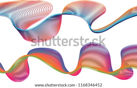 A pair of colorful double-layered ribbon waves with the top ribbon in undulating lines of orange and blue colors and the bottom ribbon in thick lines of bright colors.