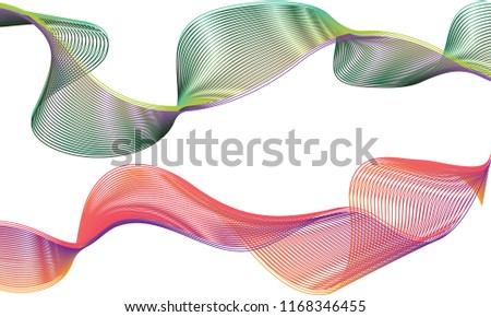 A pair of double-layered ribbon waves with the top ribbon in a breezy twist of green and purple lines and the bottom ribbon in rolling lines of salmon pink and purple.