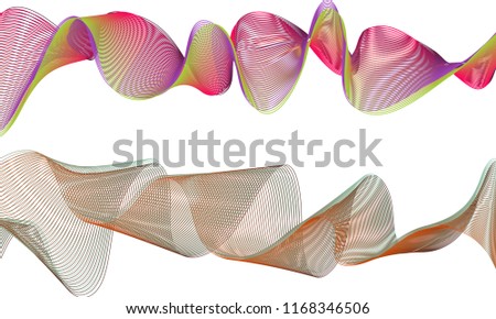 A pair of double-layered ribbon waves with the top ribbon in a pinched wave of cherry red, apple green and purple lines and the bottom ribbon in a gentle sway of greenish gray and dark orange.